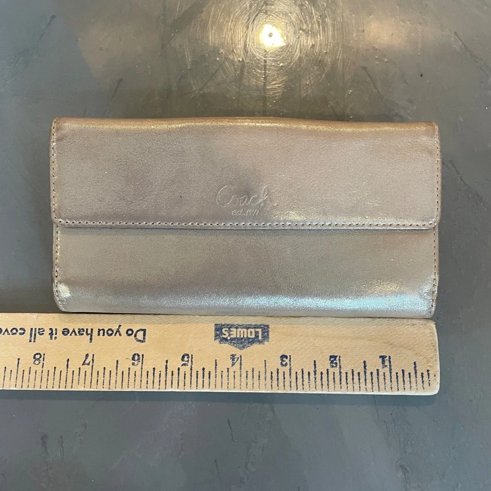 Coach Metallic Champagne Gold Leather Slim Envelope Turnlock Wallet Pink FLAW